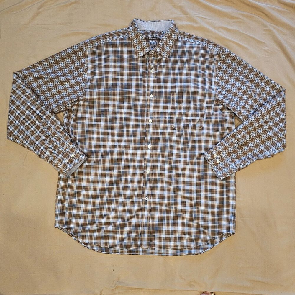 J. McLaughlin Men's Cotton Plaid Long Sleeve Shirt  Size XL Brown Blue Button Up
